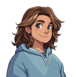 Cartoon style illustration of Addy, young man with long blonde hair in a blue hoodie